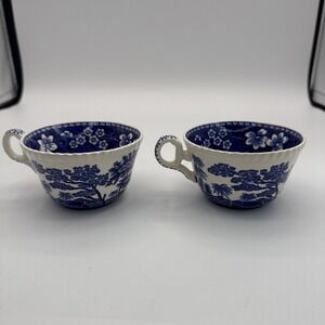 Vintage Spode Teacups Blue White C1814 Tower Pattern Floral‎ Lot Set Of 2
